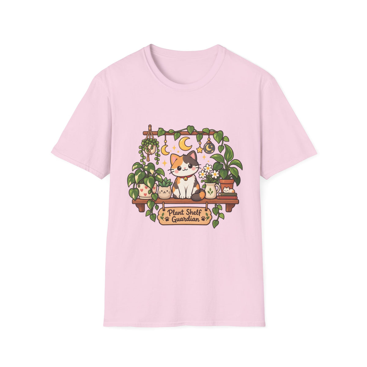 Plant Mom Cat T-Shirt — Calico Cat Among Houseplants with 'Plant Stuff + Gratitude' Design