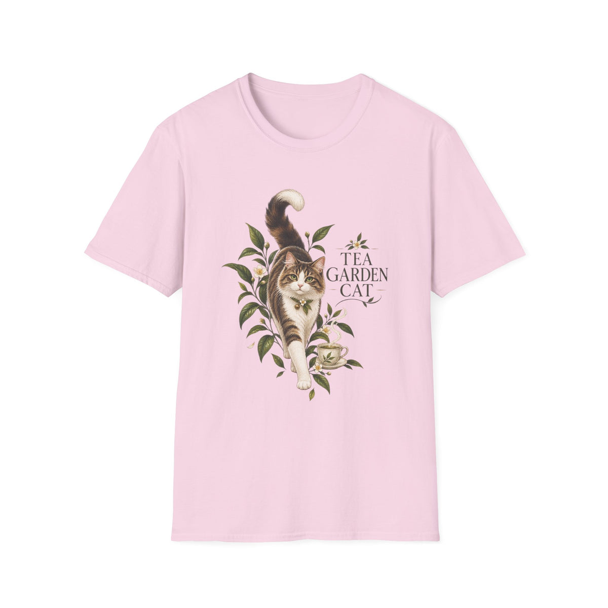 Tea Garden Cat T-Shirt — Cute Floral Cat Illustration Tee