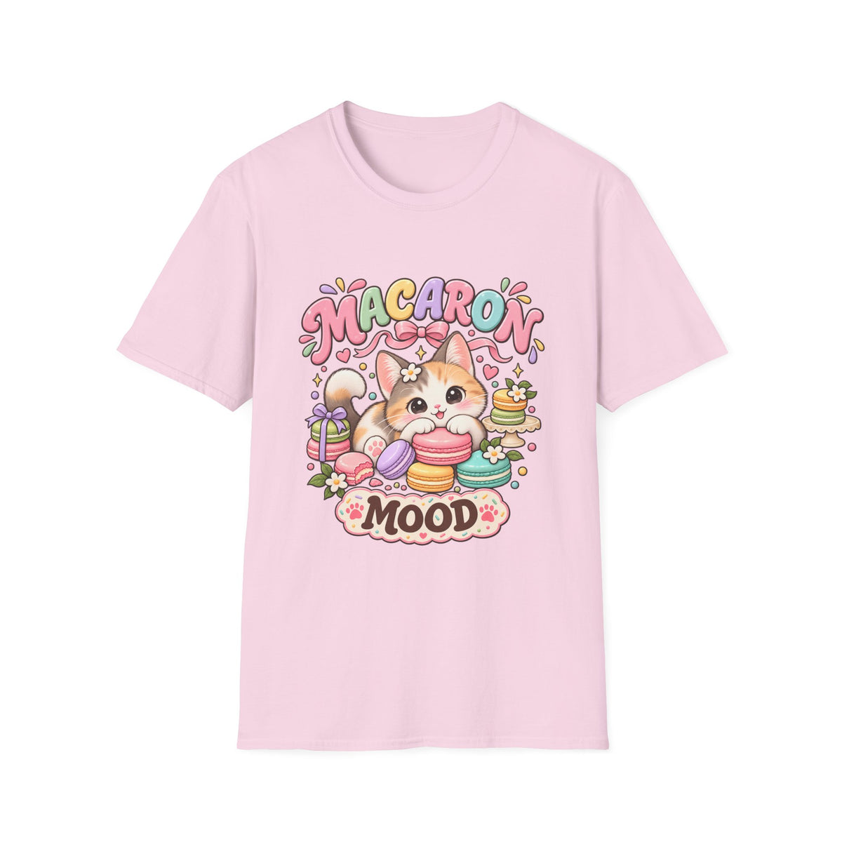 Macaron Mood T‑Shirt — Cute Kawaii Cat with Macarons Graphic
