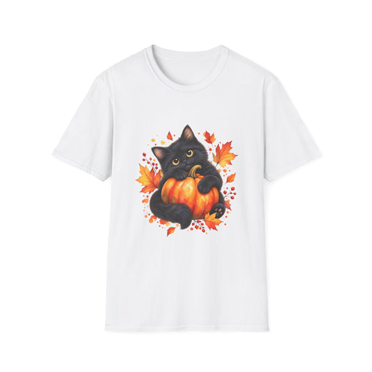 Black Cat Pumpkin T-Shirt — Cute Fall Halloween Tee with Autumn Leaves