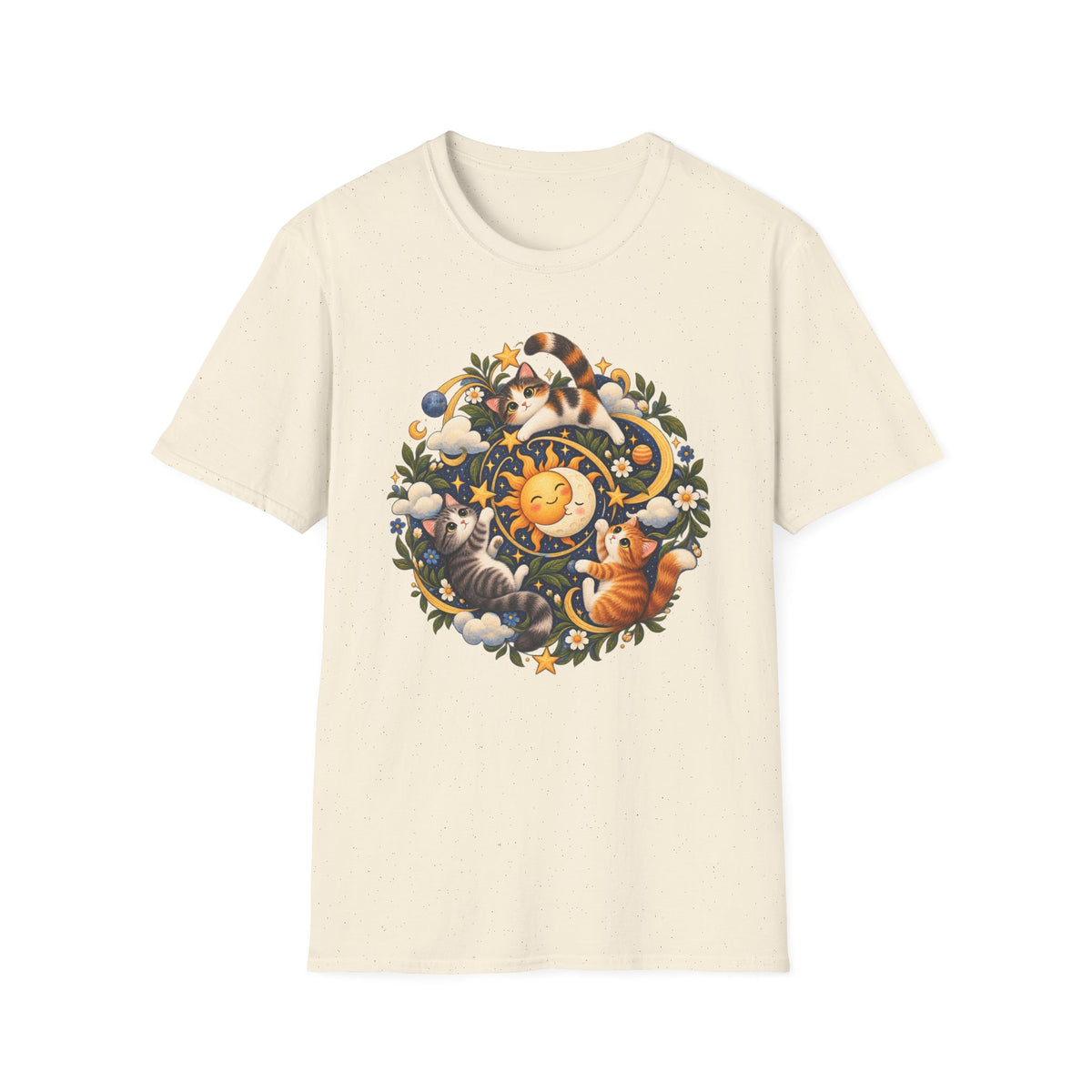 Celestial Cat Graphic Tee — Sun, Moon & Floral Vintage-Inspired T-Shirt