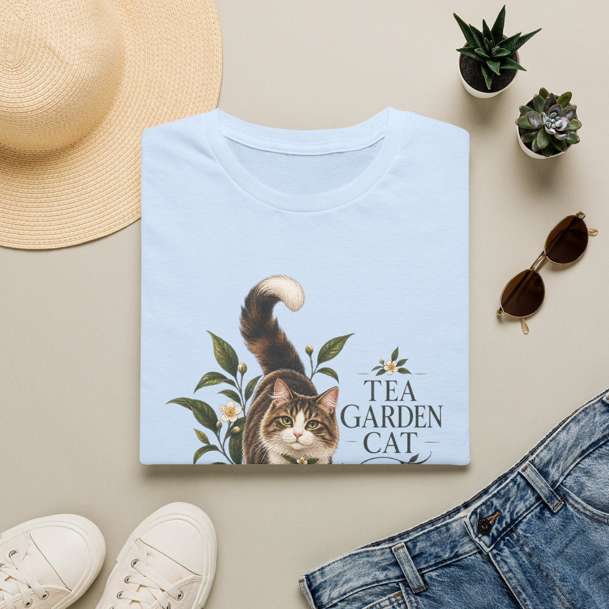 Tea Garden Cat T-Shirt — Cute Floral Cat Illustration Tee