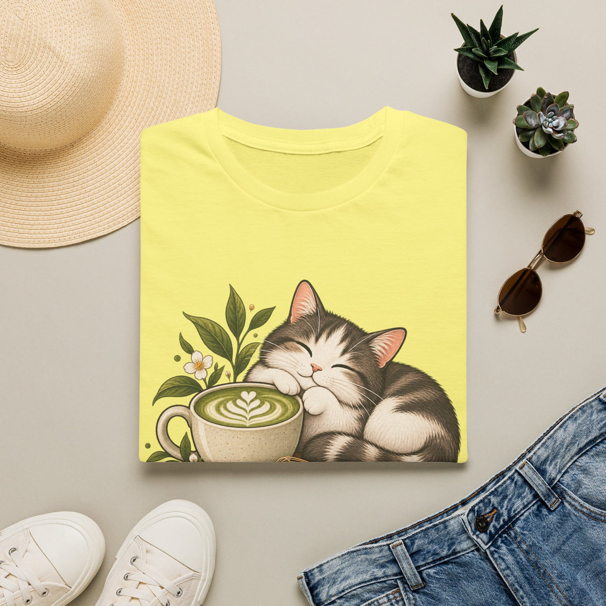 Matcha Mood Cat T-Shirt — Cute Sleeping Cat & Matcha Latte Tee for Tea Lovers