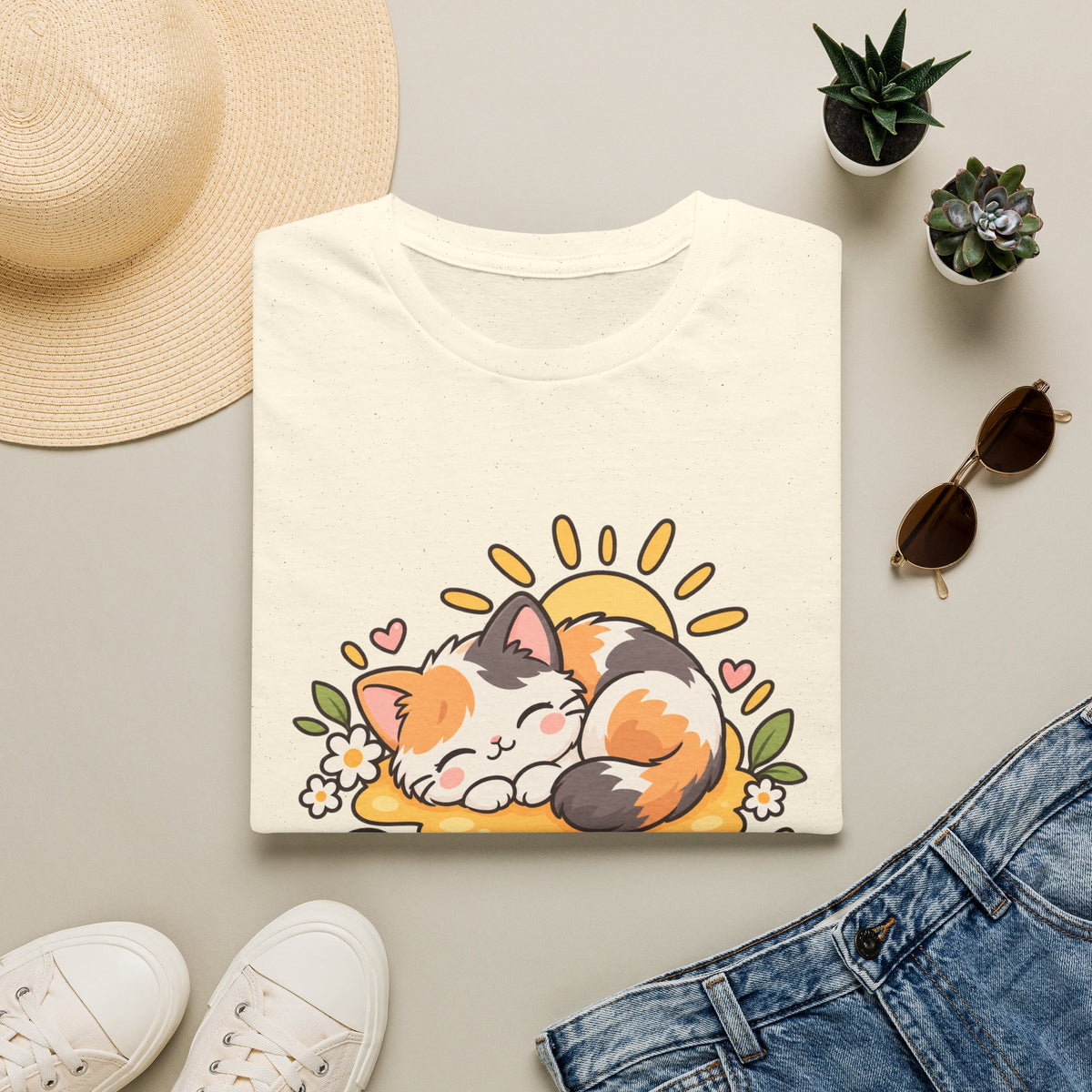 Cat T-Shirt — "Sunny Nap" Calico Cat Graphic Tee