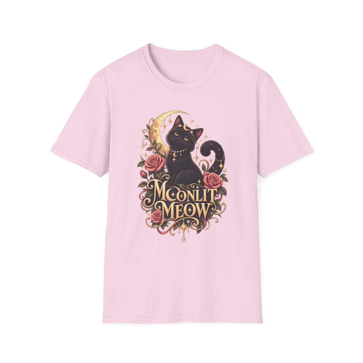 Moonlit Meow T-Shirt — Black Cat with Crescent Moon & Roses