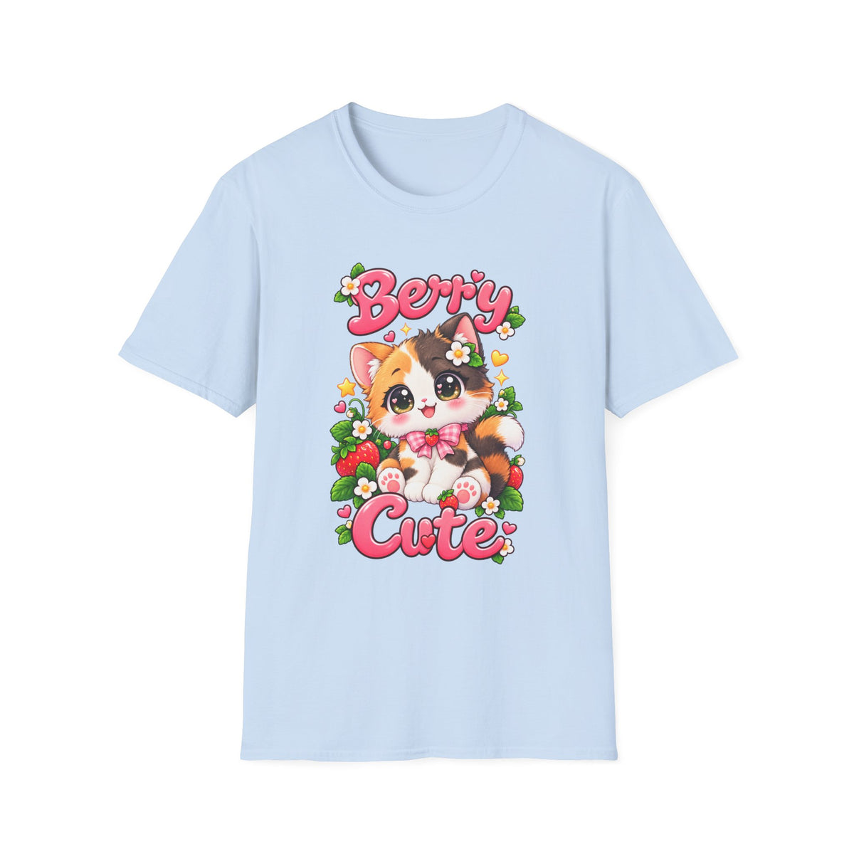 Cute Calico Cat 'Berry Cute' T-Shirt — Kawaii Fruit & Floral Graphic Tee