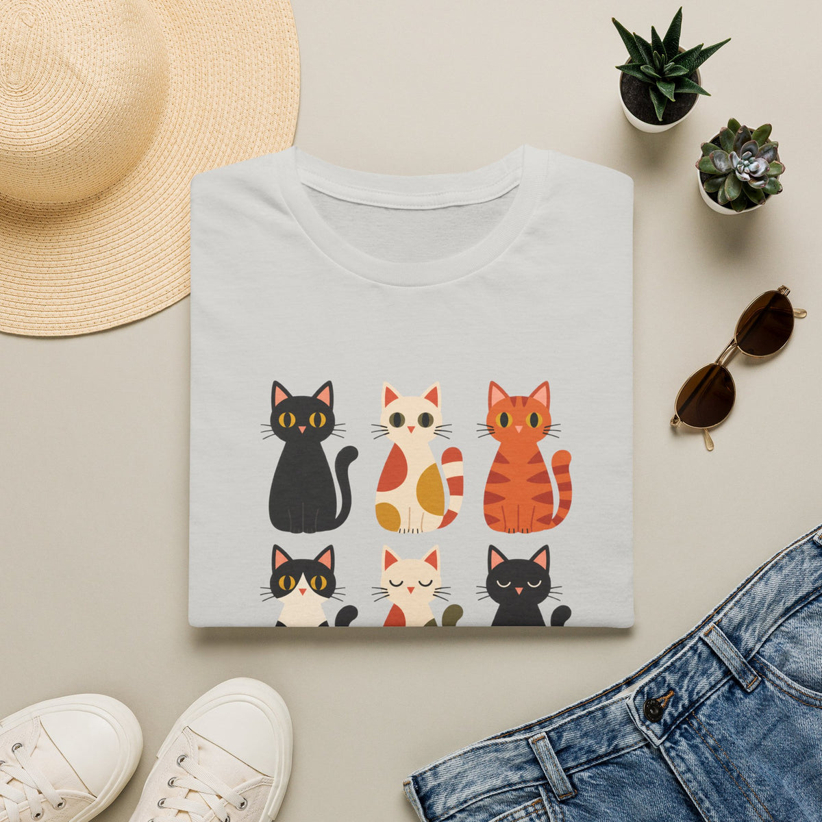 Cat Pattern T‑Shirt — Cute Row of Cartoon Cats Graphic Tee