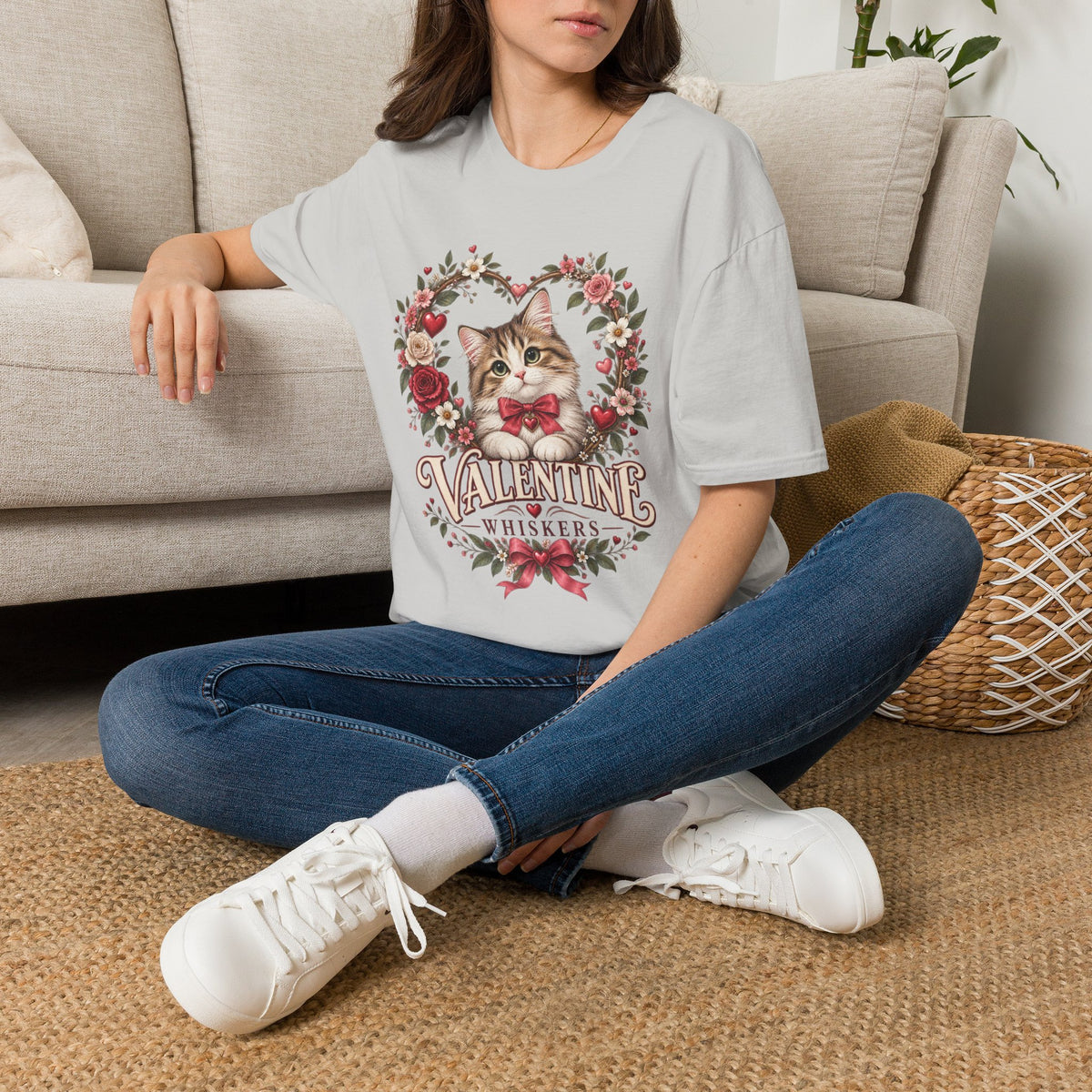Valentine Cat T-Shirt – 'Valentine Whiskers' Floral Heart Kitten Tee