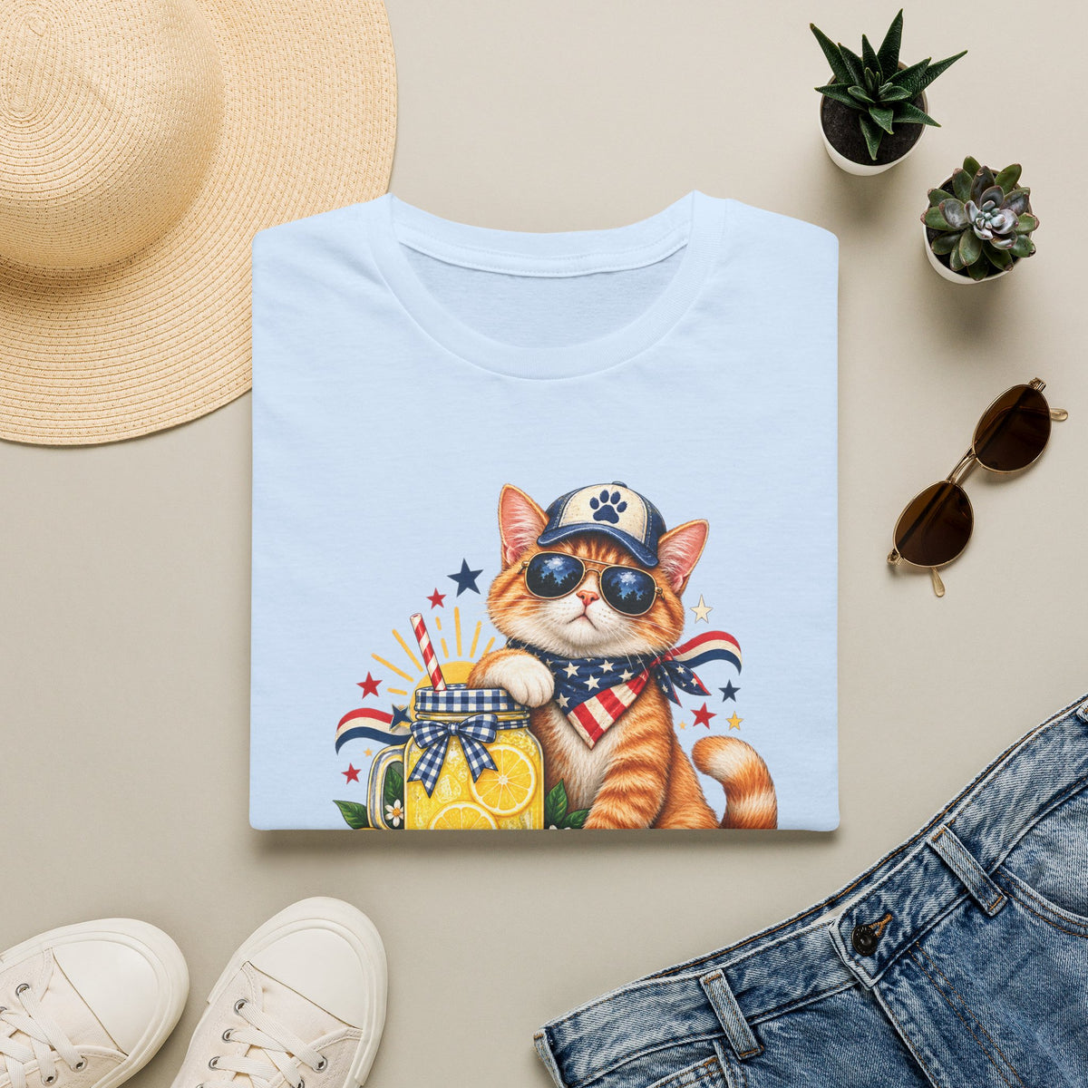 Patriotic Cat Lemonade Stand T-Shirt — "Lemonade Stand Security" Cute 4th of July Tee