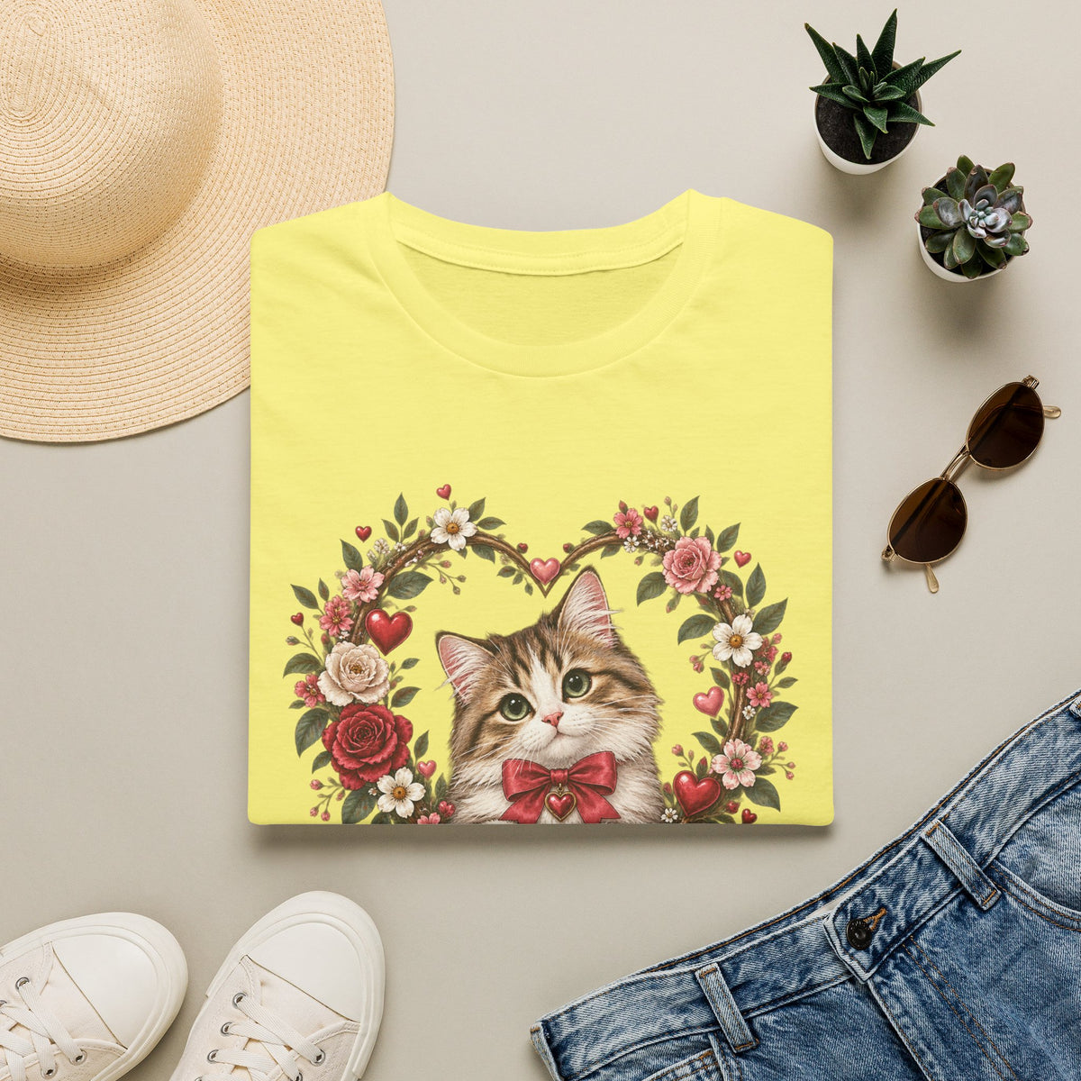 Valentine Cat T-Shirt – 'Valentine Whiskers' Floral Heart Kitten Tee