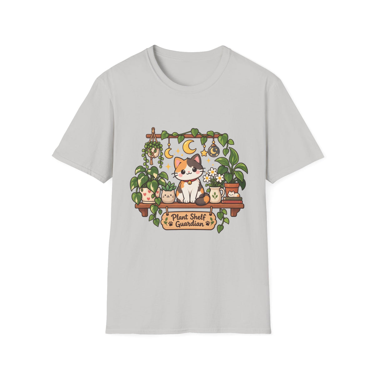 Plant Mom Cat T-Shirt — Calico Cat Among Houseplants with 'Plant Stuff + Gratitude' Design