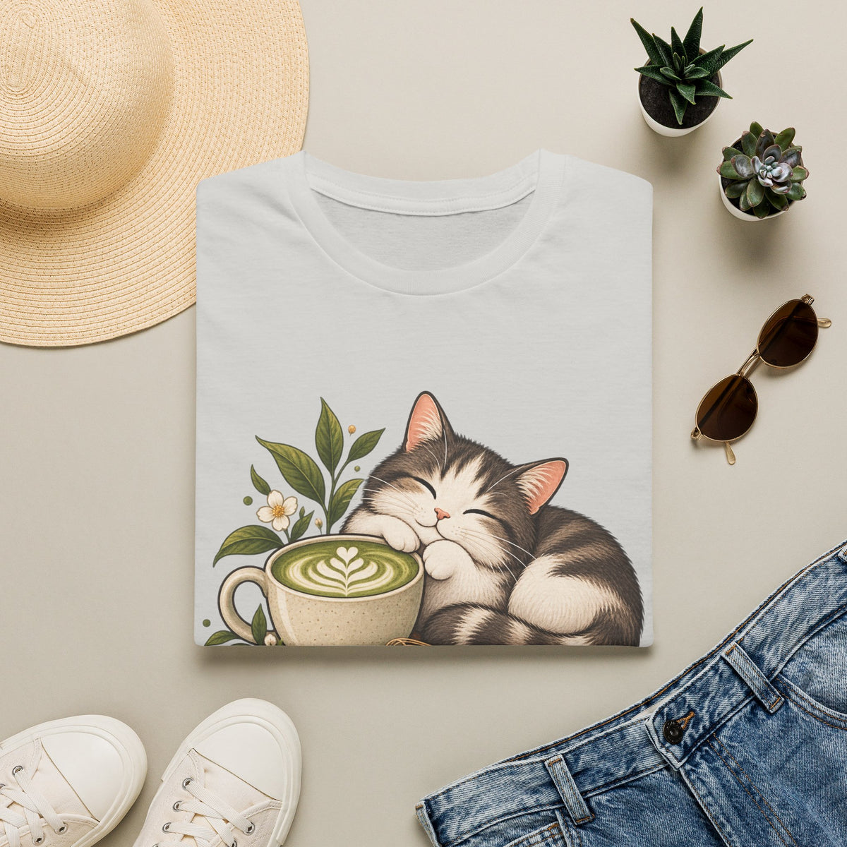 Matcha Mood Cat T-Shirt — Cute Sleeping Cat & Matcha Latte Tee for Tea Lovers