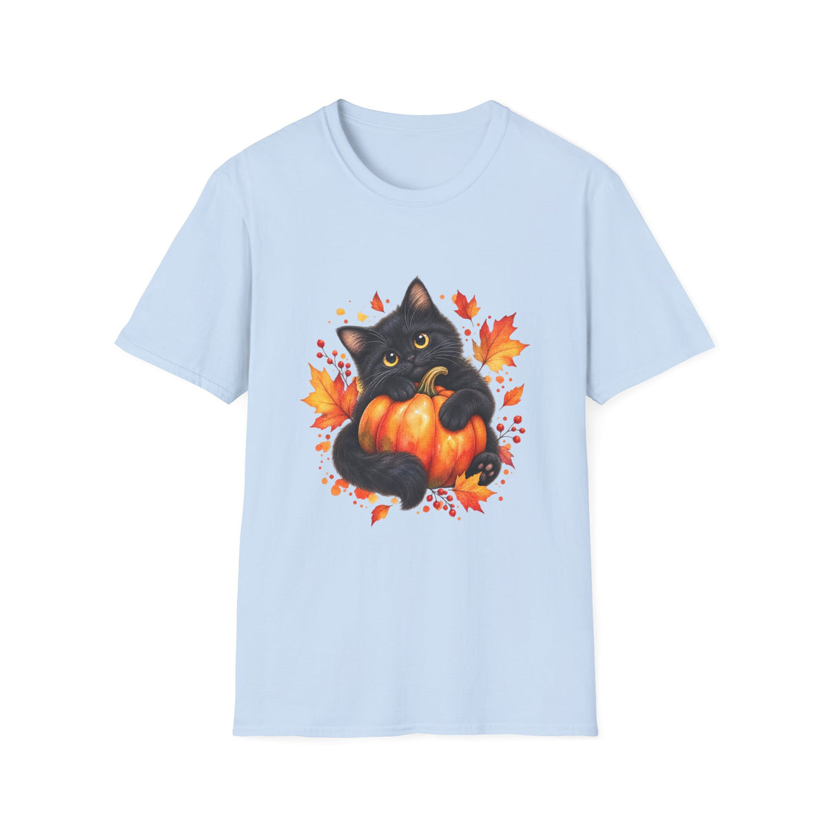 Black Cat Pumpkin T-Shirt — Cute Fall Halloween Tee with Autumn Leaves