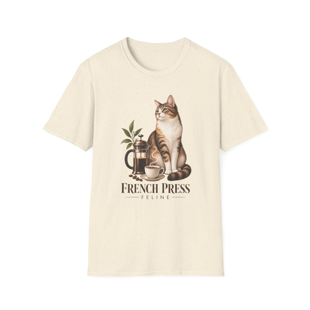 Cat & French Press T-Shirt — Cozy Coffee Lover Cat Tee