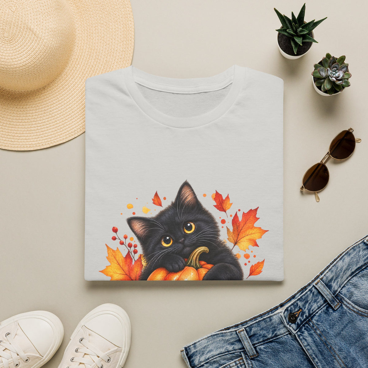 Black Cat Pumpkin T-Shirt — Cute Fall Halloween Tee with Autumn Leaves
