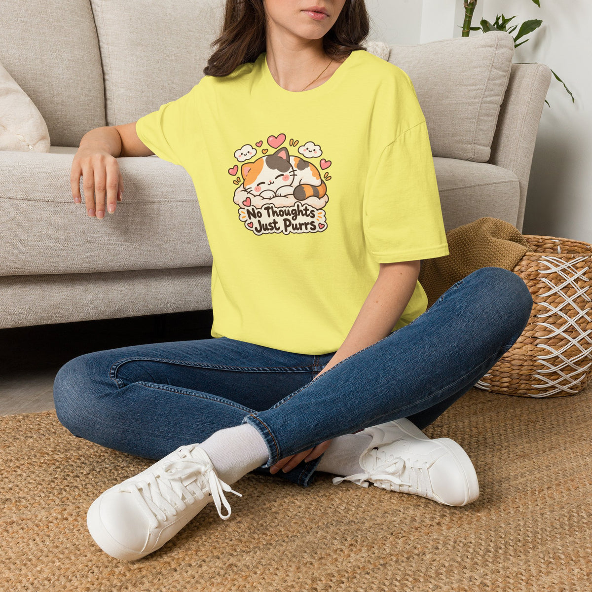 Cat T-Shirt — "No Thoughts Just Purrs" Cute Calico Sleeping Kitty Tee