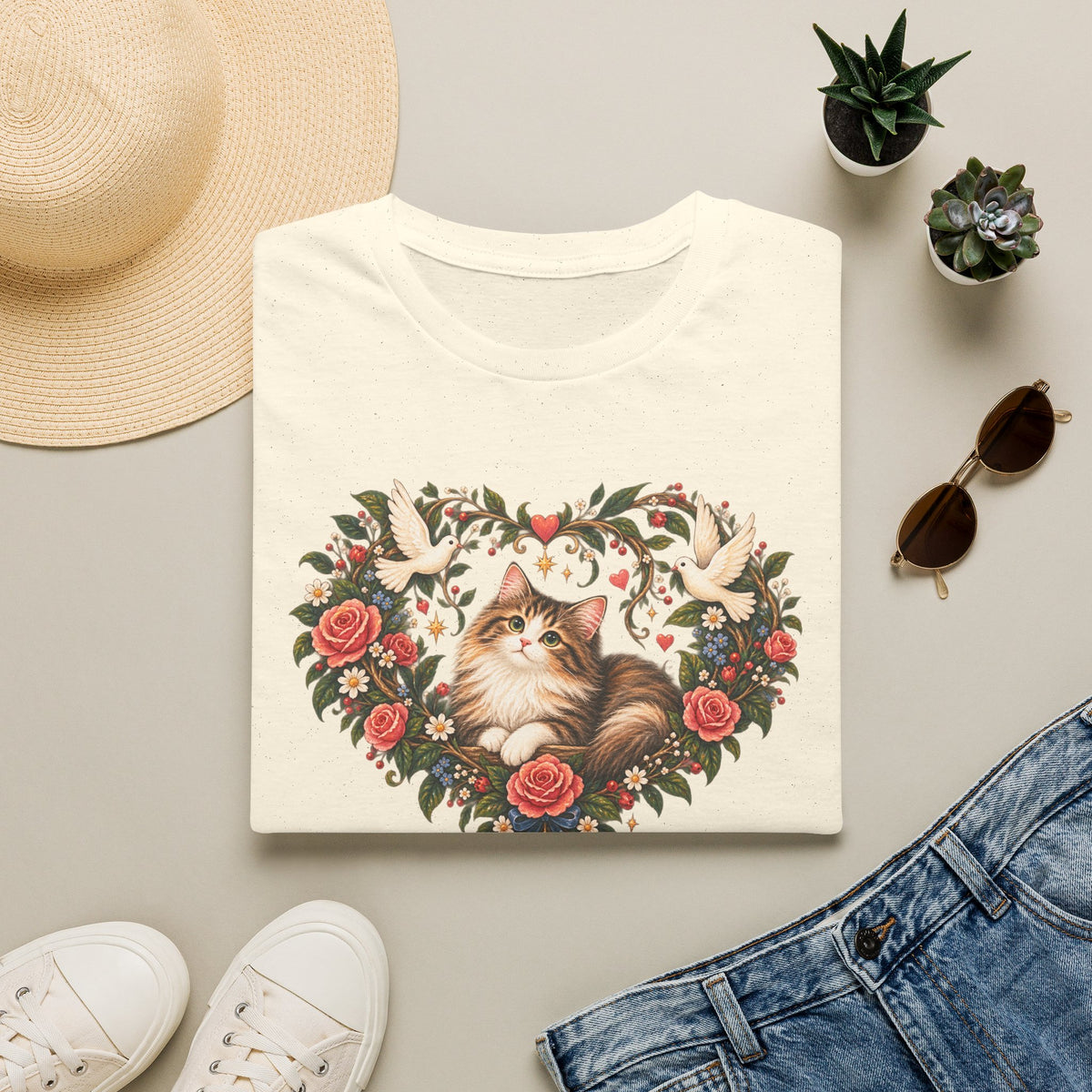 Cat Heart Floral T-Shirt — Vintage Rose & Dove Kitty Tee