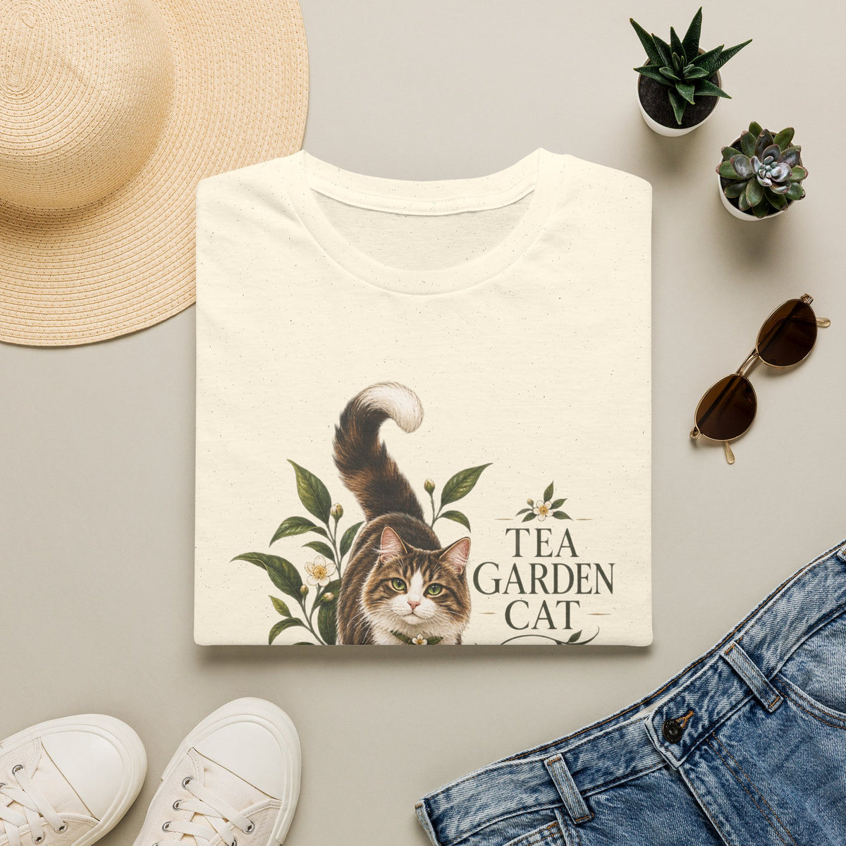 Tea Garden Cat T-Shirt — Cute Floral Cat Illustration Tee