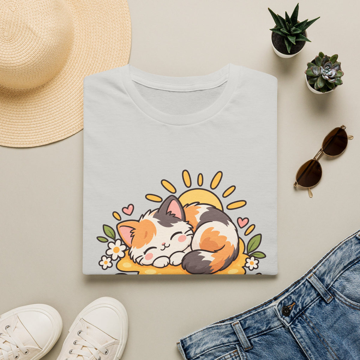 Cat T-Shirt — "Sunny Nap" Calico Cat Graphic Tee
