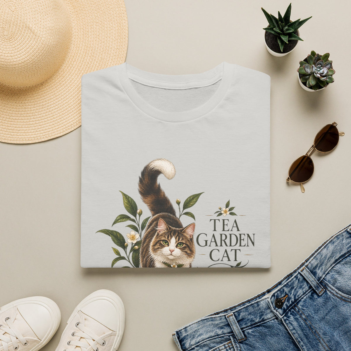 Tea Garden Cat T-Shirt — Cute Floral Cat Illustration Tee