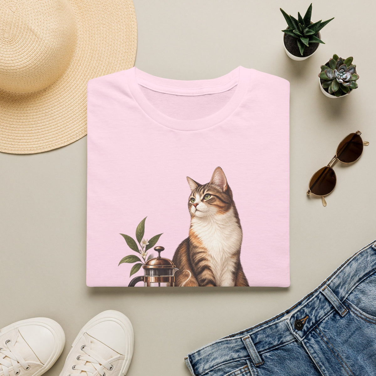 Cat & French Press T-Shirt — Cozy Coffee Lover Cat Tee