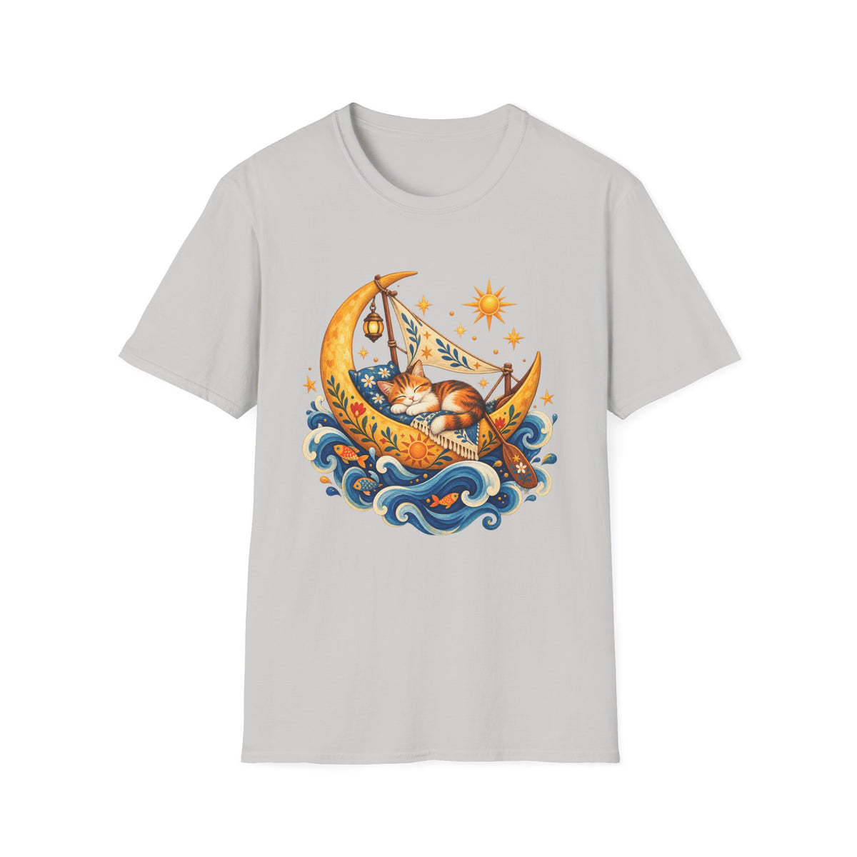 Cat on Crescent Moon T-Shirt — Whimsical Sleepy Cat Boho Tee