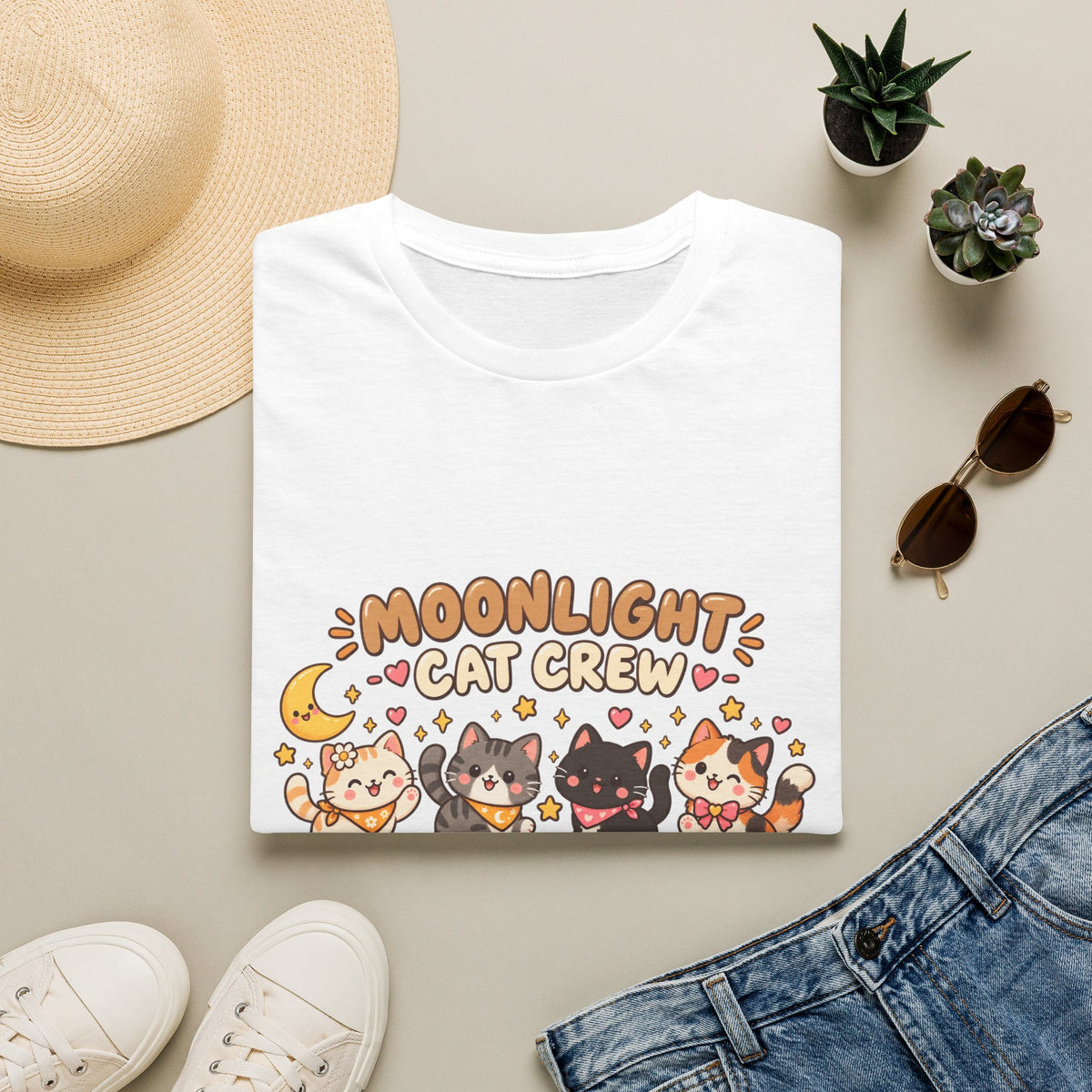 Moonlight Cat Crew T-Shirt — Cute Kawaii Cat Graphic Tee