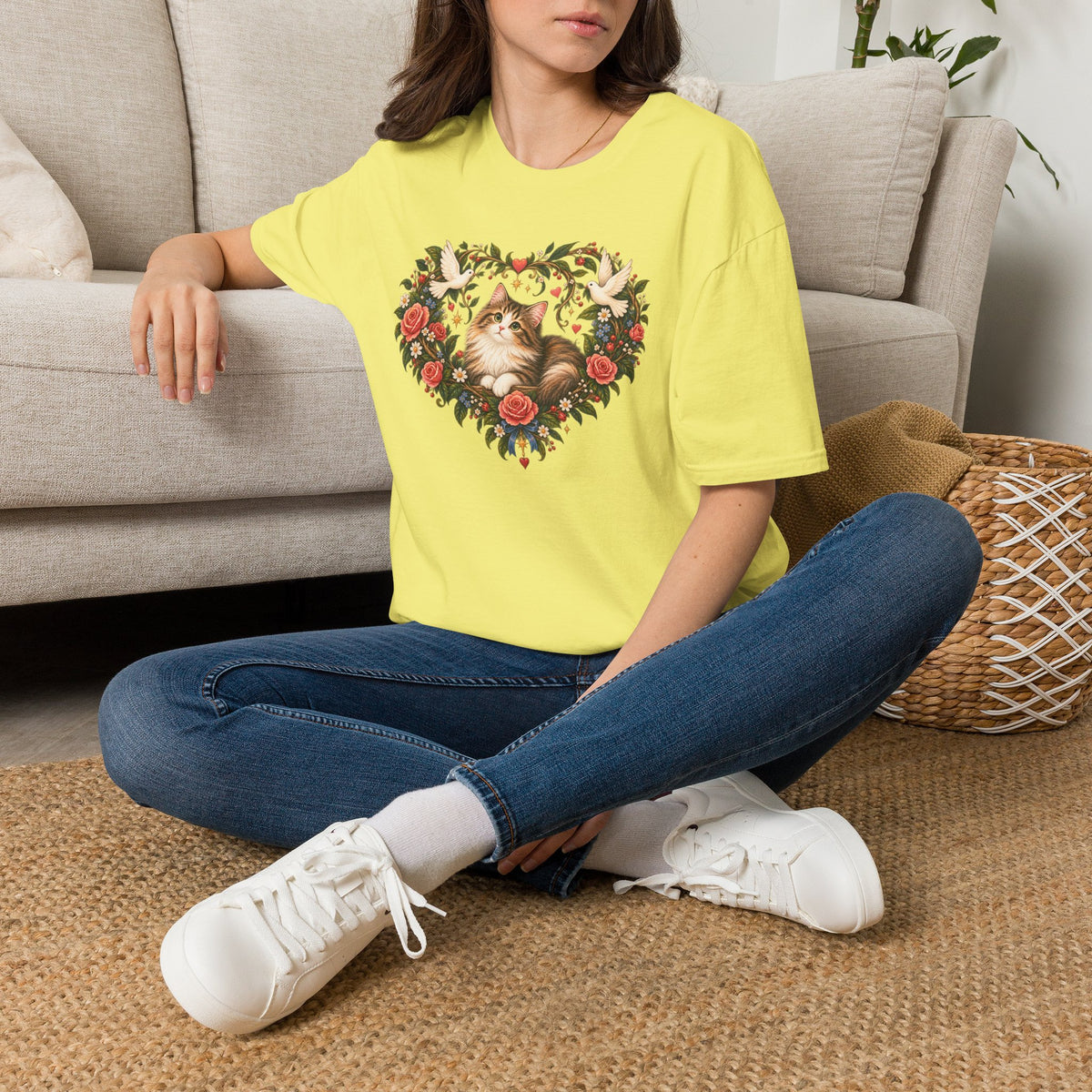 Cat Heart Floral T-Shirt — Vintage Rose & Dove Kitty Tee