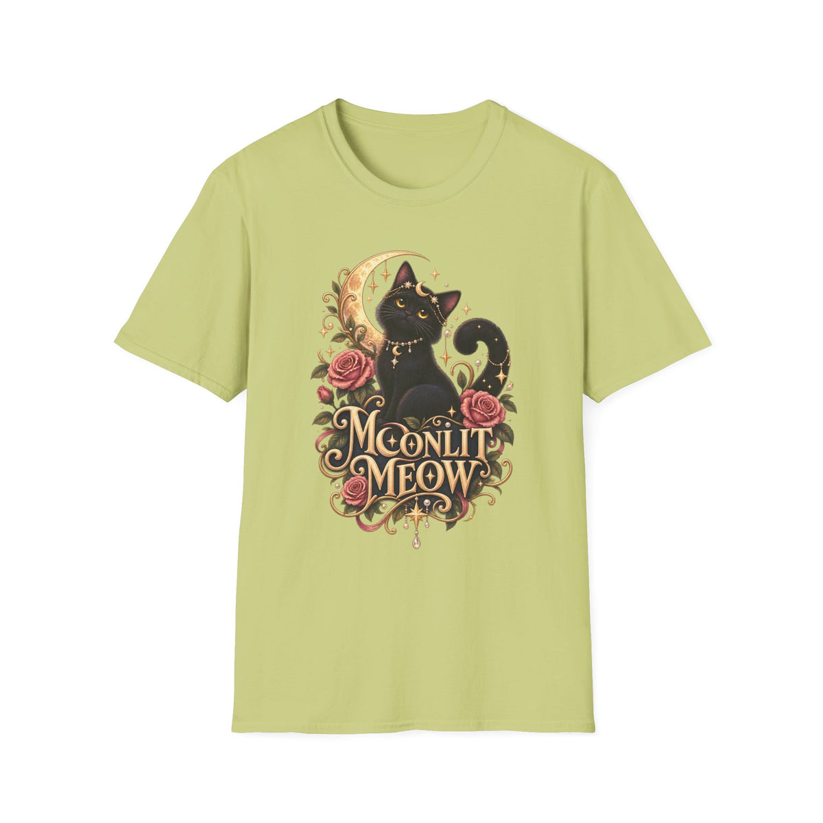 Moonlit Meow T-Shirt — Black Cat with Crescent Moon & Roses