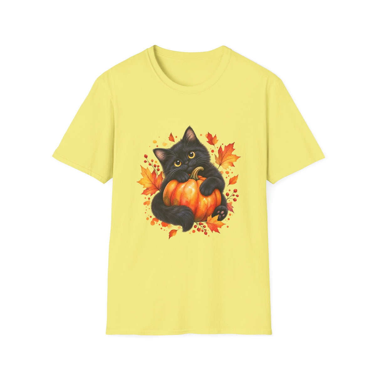 Black Cat Pumpkin T-Shirt — Cute Fall Halloween Tee with Autumn Leaves