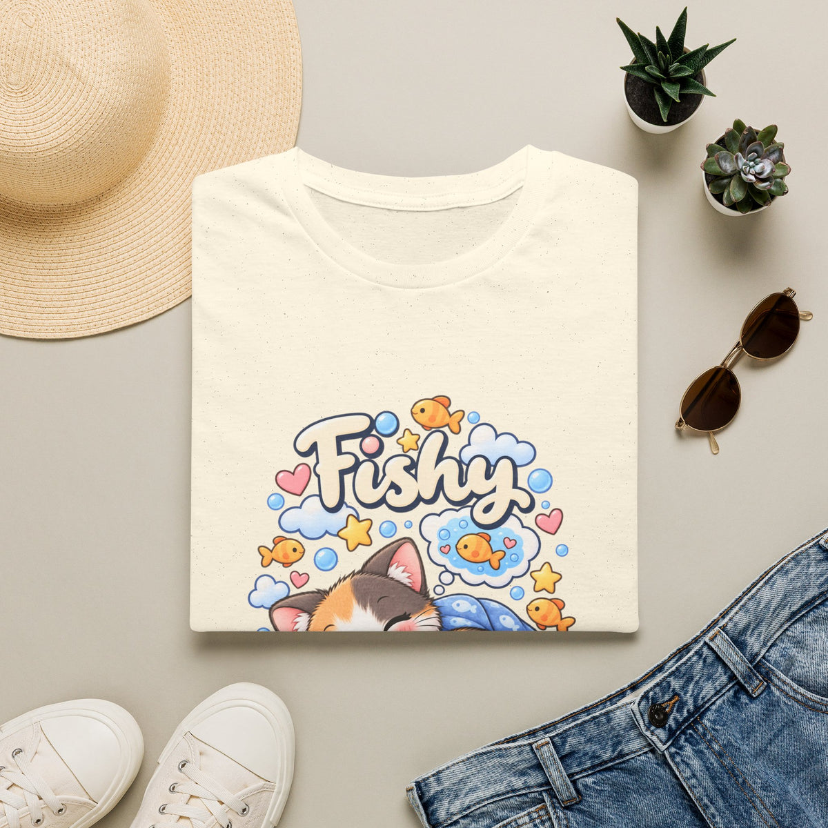 Fishy Dreams T-Shirt — Cute Cat & Goldfish Graphic Tee