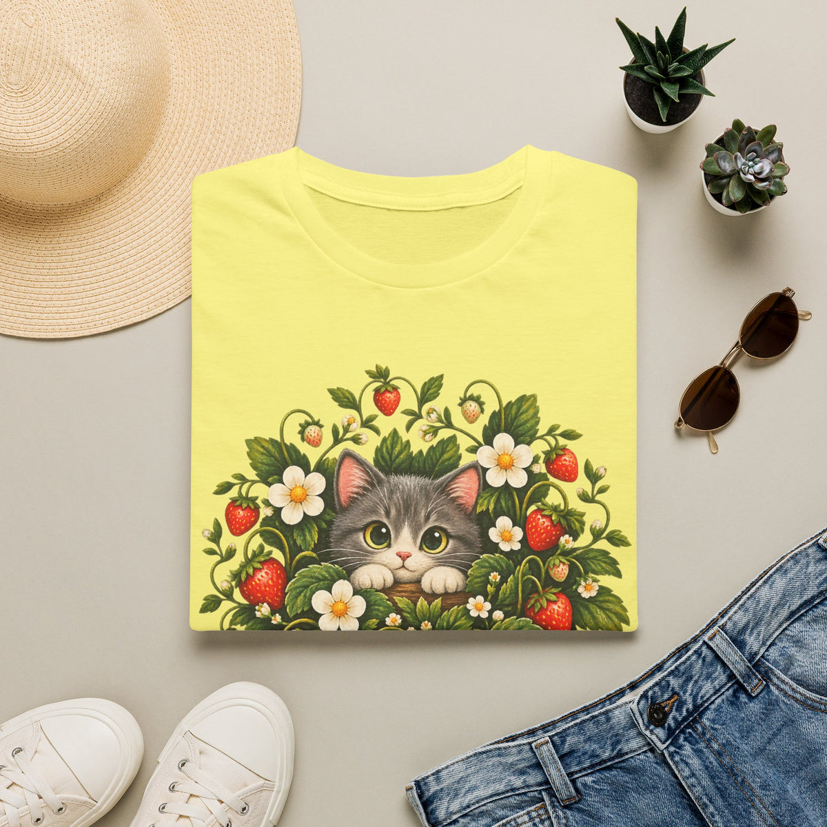 Cat in Strawberry Patch T-Shirt — Cute Floral Kitten Graphic Tee