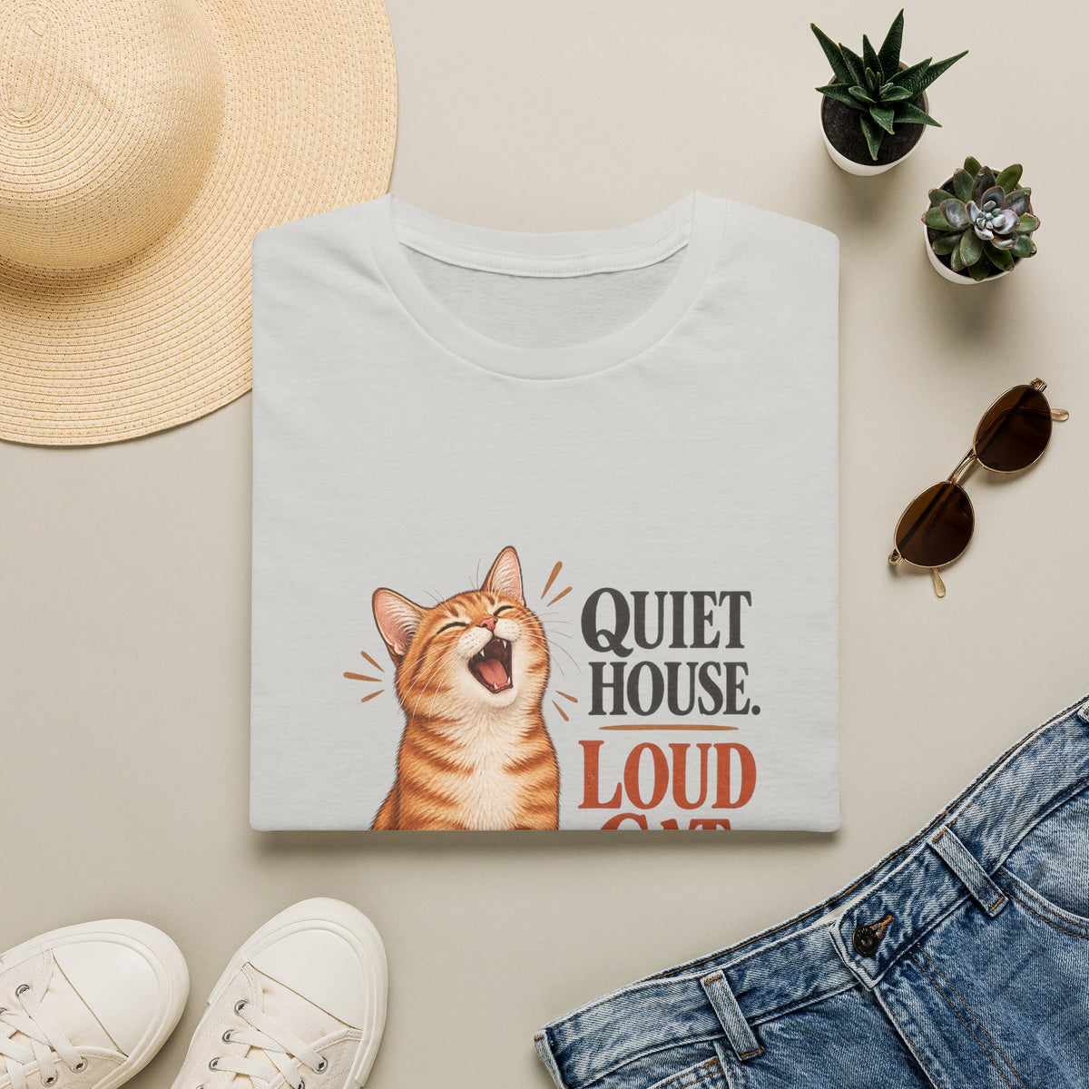 Cat T-Shirt — "Quiet House. Loud Cat." Cute Yawning Tabby Graphic Tee for Cat Lovers