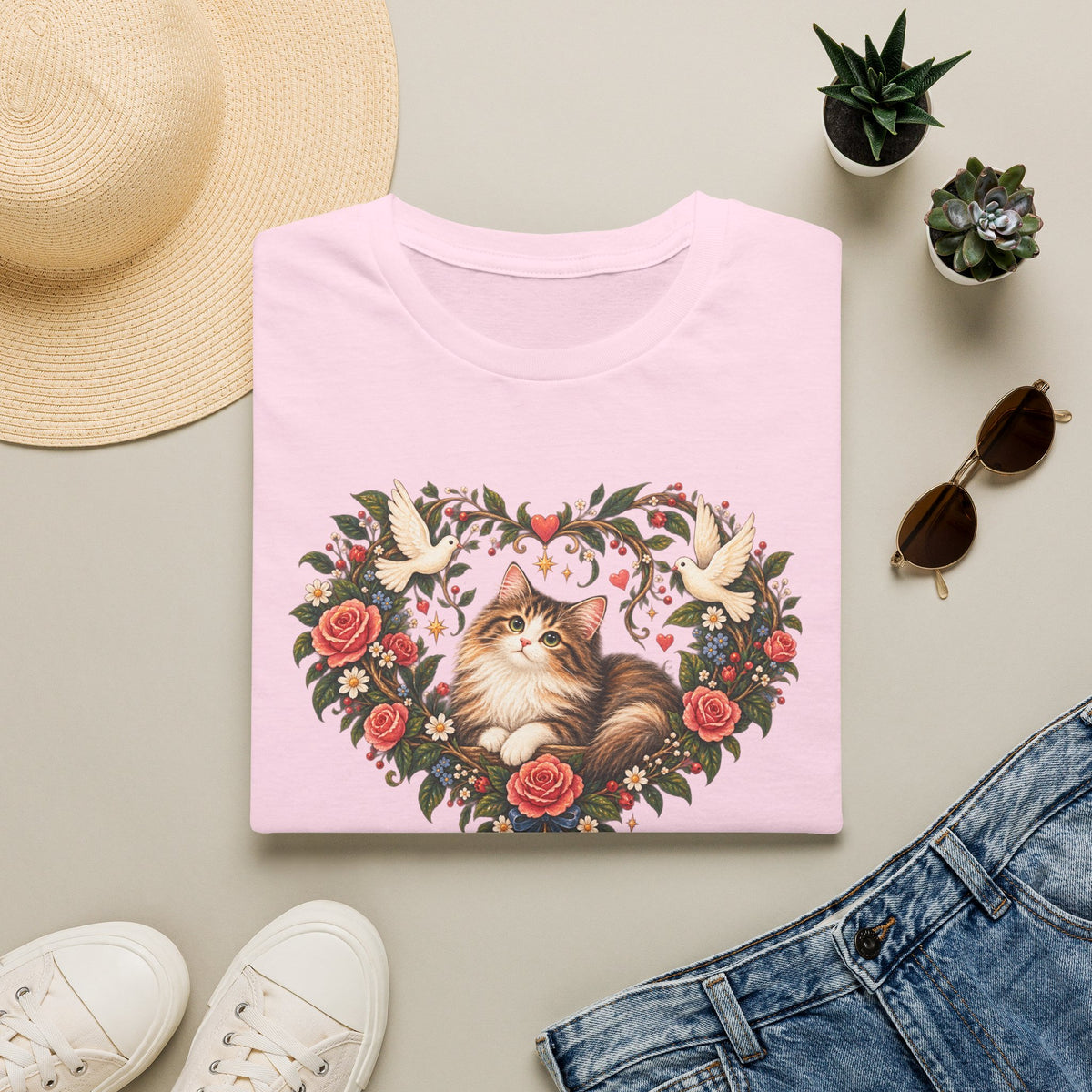 Cat Heart Floral T-Shirt — Vintage Rose & Dove Kitty Tee
