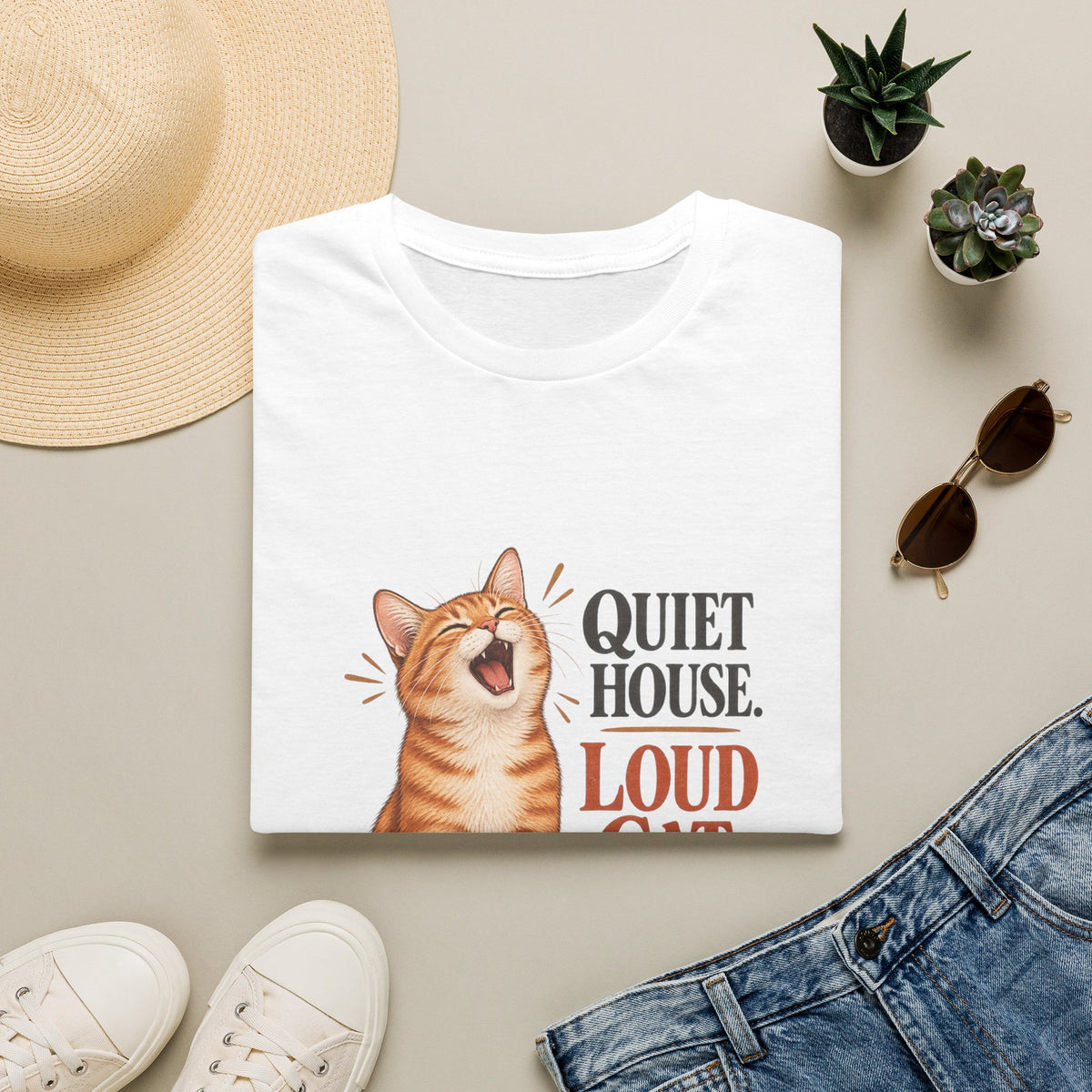 Cat T-Shirt — "Quiet House. Loud Cat." Cute Yawning Tabby Graphic Tee for Cat Lovers