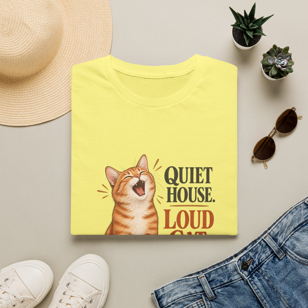 Cat T-Shirt — "Quiet House. Loud Cat." Cute Yawning Tabby Graphic Tee for Cat Lovers