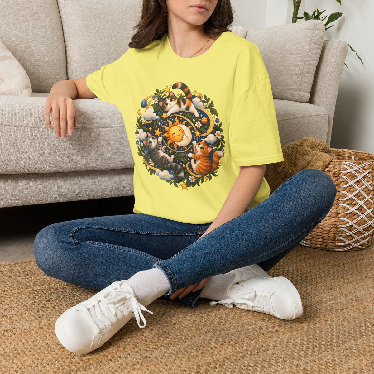 Celestial Cat Graphic Tee — Sun, Moon & Floral Vintage-Inspired T-Shirt