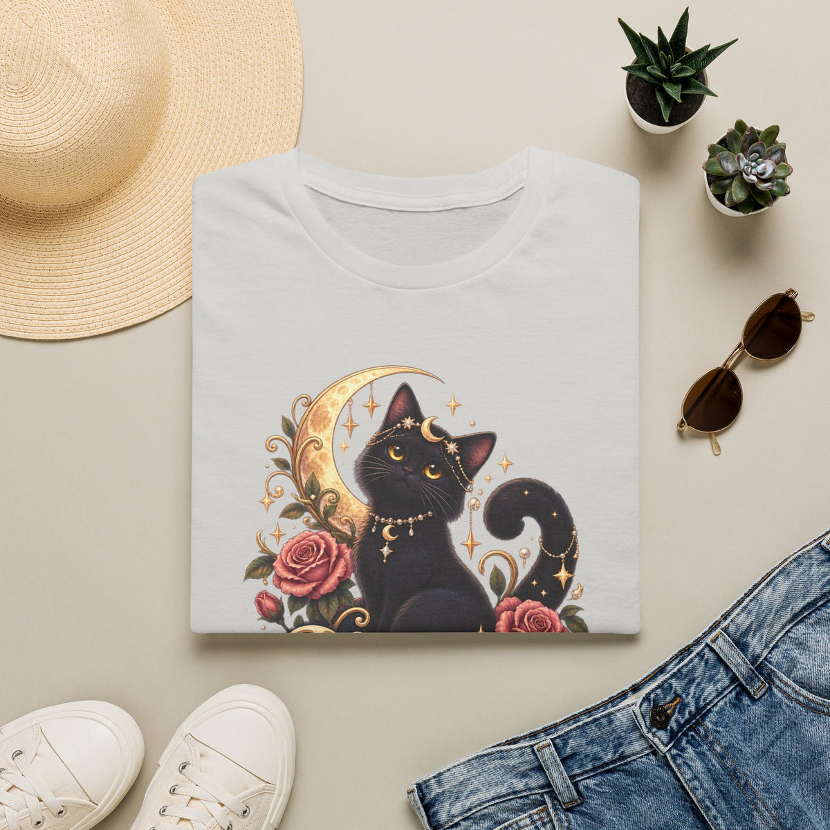 Moonlit Meow T-Shirt — Black Cat with Crescent Moon & Roses