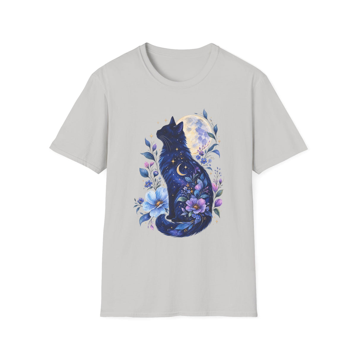 Moonlit Cat T-Shirt — Night Sky Floral Cat Silhouette Tee