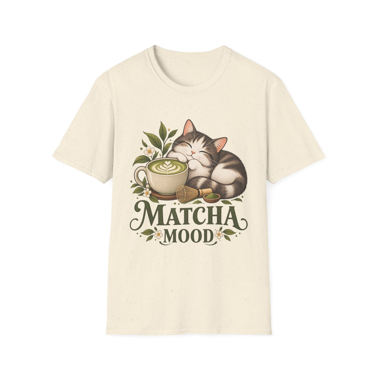 Matcha Mood Cat T-Shirt — Cute Sleeping Cat & Matcha Latte Tee for Tea Lovers