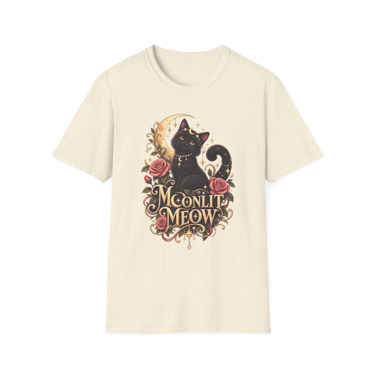 Moonlit Meow T-Shirt — Black Cat with Crescent Moon & Roses