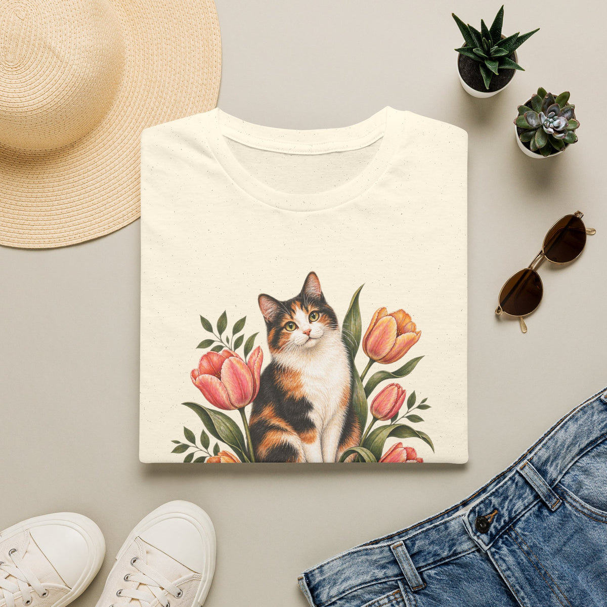 Calico Garden Cat T-Shirt — Floral Cat Lover Tee