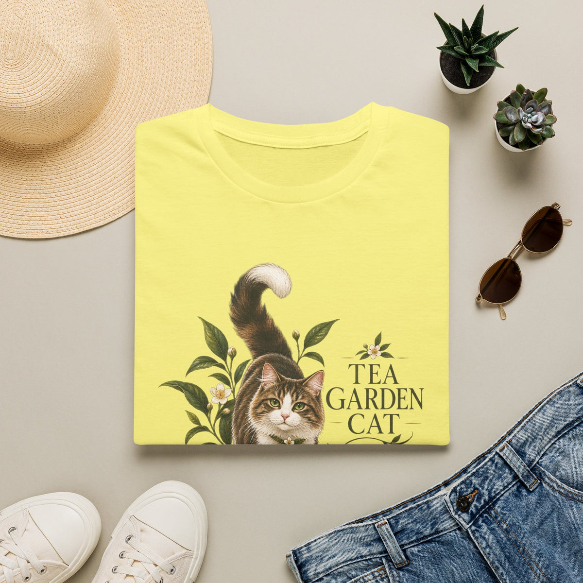 Tea Garden Cat T-Shirt — Cute Floral Cat Illustration Tee