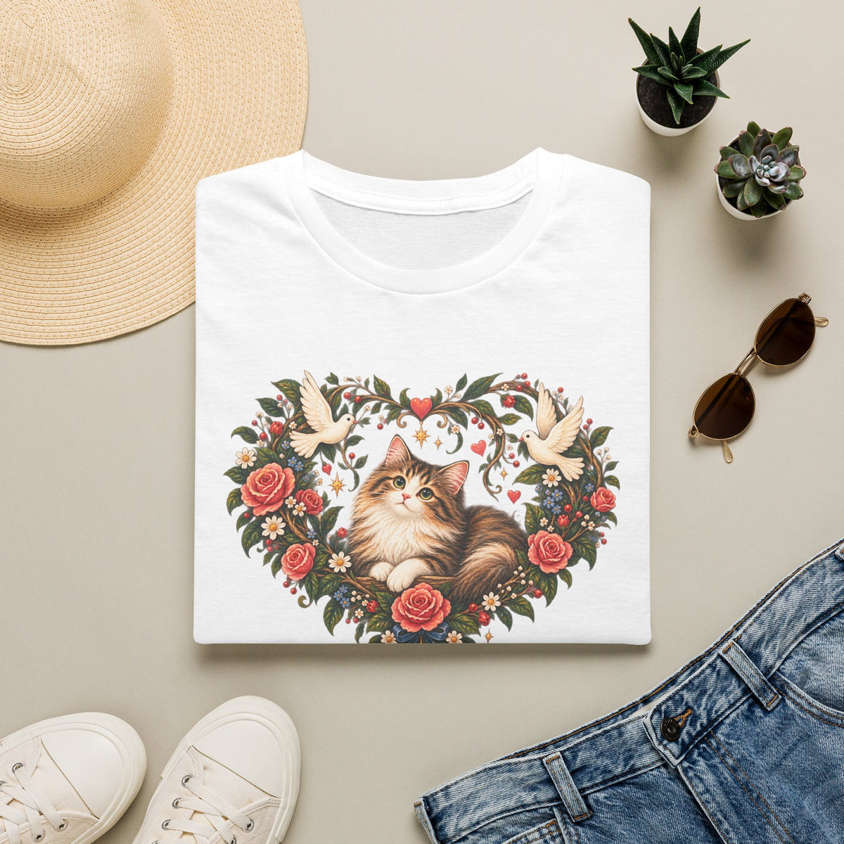 Cat Heart Floral T-Shirt — Vintage Rose & Dove Kitty Tee