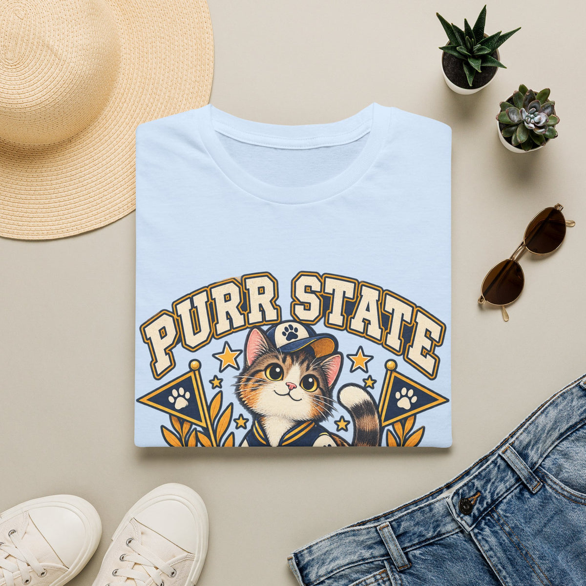 Purr State College T-Shirt — Cute Cat Mascot Graphic Tee