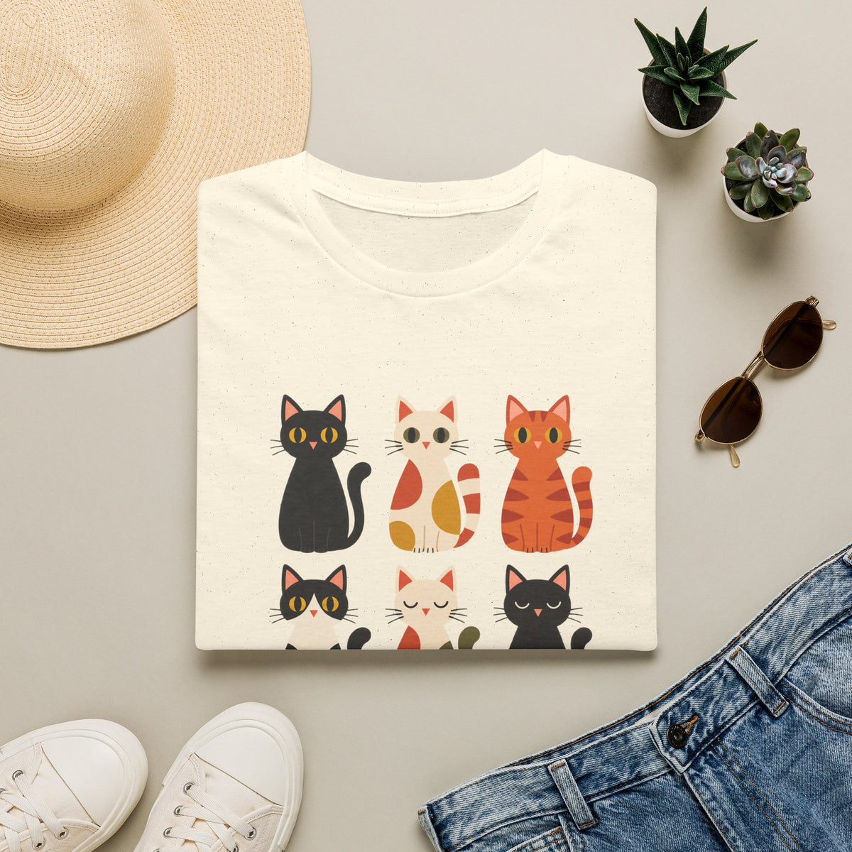 Cat Pattern T‑Shirt — Cute Row of Cartoon Cats Graphic Tee
