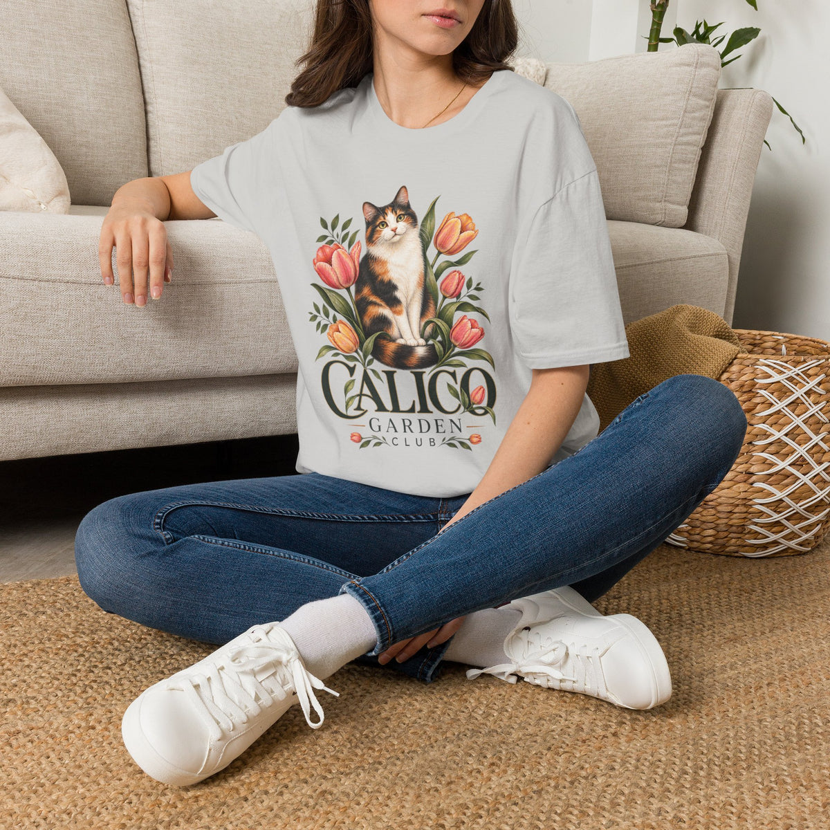 Calico Garden Cat T-Shirt — Floral Cat Lover Tee