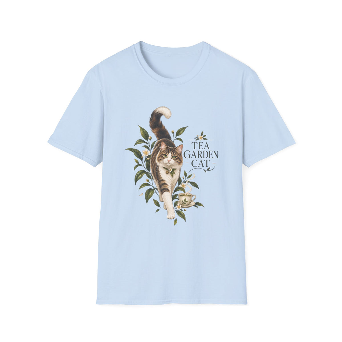 Tea Garden Cat T-Shirt — Cute Floral Cat Illustration Tee