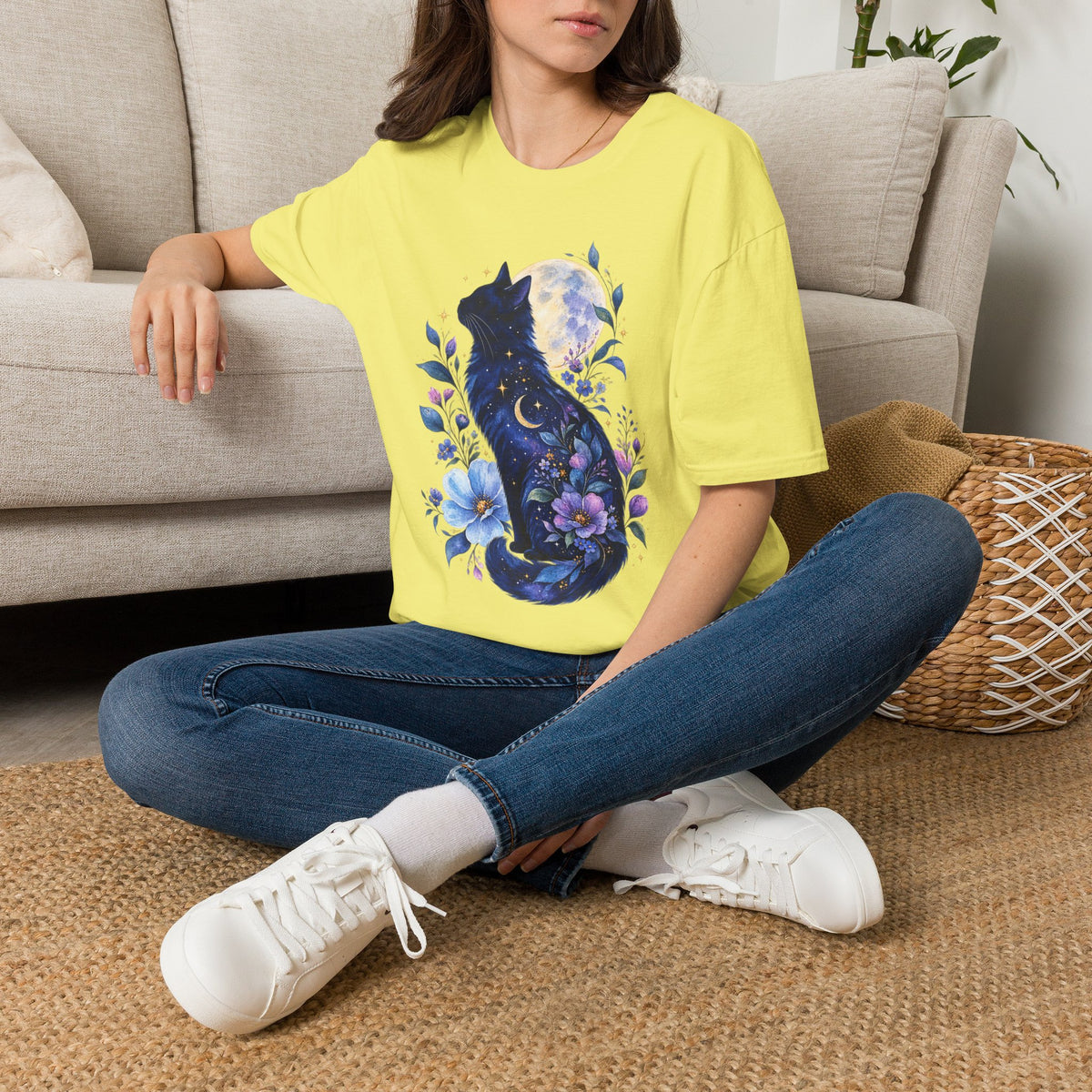 Moonlit Cat T-Shirt — Night Sky Floral Cat Silhouette Tee