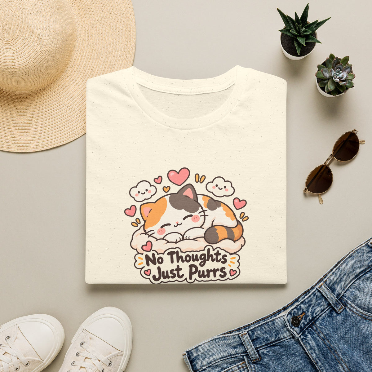 Cat T-Shirt — "No Thoughts Just Purrs" Cute Calico Sleeping Kitty Tee